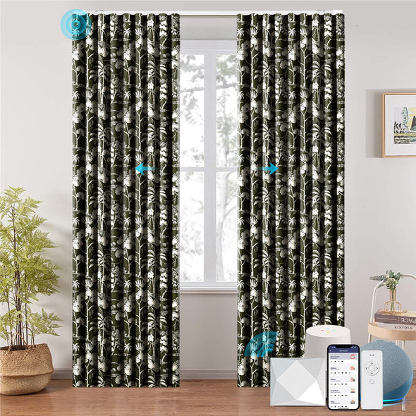 VERDANA smart electric curtains installed on a modern window, demonstrating motorized open/close function via smartphone app, voice assistant, and remote control—compatible with various smart home systems.