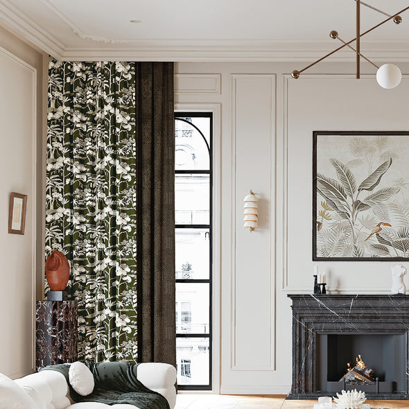 VERDANA electric curtains with botanical print and blackout layer installed in a French-style living room, blending harmoniously with marble fireplace and art decor for an elegant home ambiance.