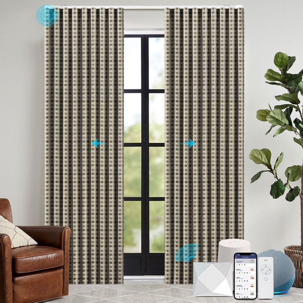 Patterned electric curtains in a room with a brown armchair and a plant.