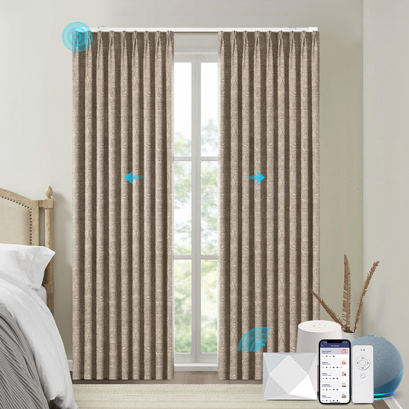 TIRAZ pinch pleat motorized curtains with remote and smart app control, soft  textured fabric in modern room