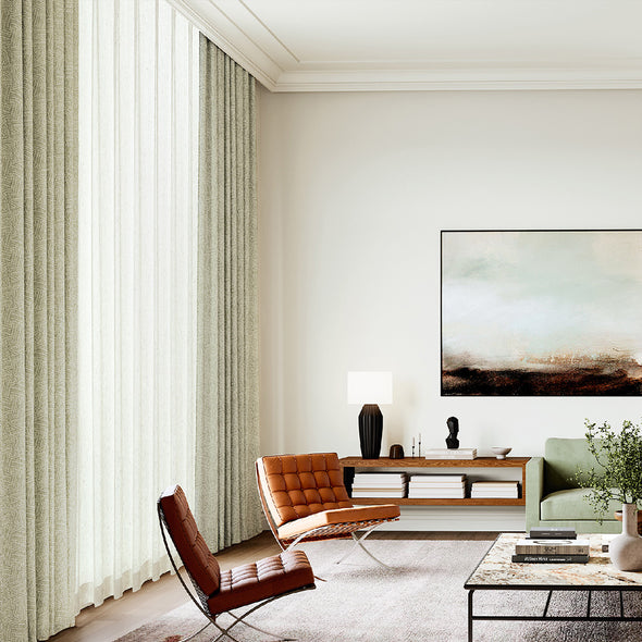 ZENIA series motorized curtains with textured geometric pattern in a modern natural-toned living space.