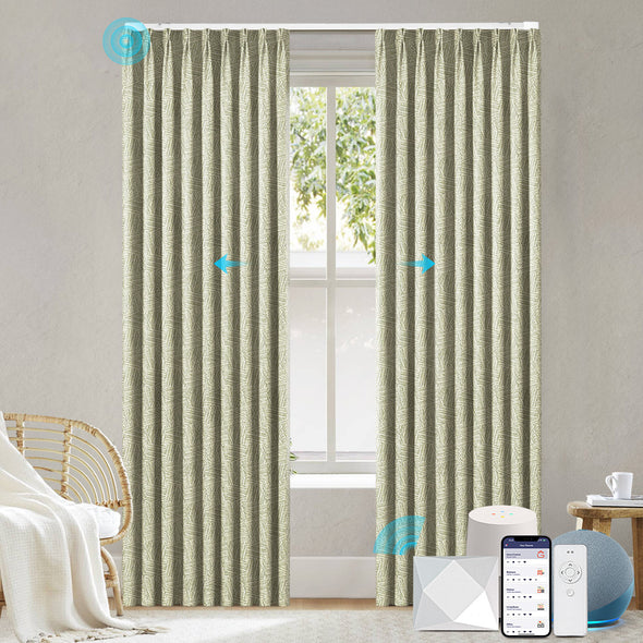 ZENIA ripplefold motorized curtains with remote and smart app control, soft green textured fabric in modern room