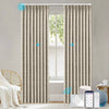 ZENIA pinch-pleat motorized curtains with subtle geometric pattern, smart control compatible, soft beige fabric in modern room