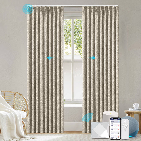 ZENIA pinch-pleat motorized curtains with subtle geometric pattern, smart control compatible, soft beige fabric in modern room