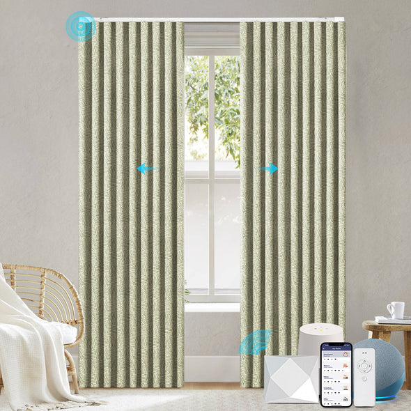 ZENIA series ripplefold motorized curtain in soft green textured fabric for living room
