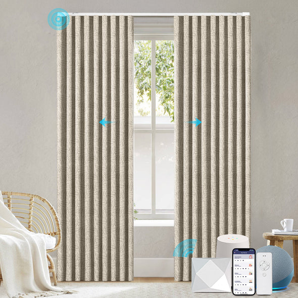 ZENIA series ripplefold motorized curtain in soft beige textured fabric for living room