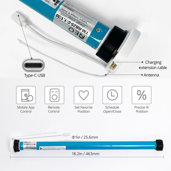 Nouvelle génération – Moteur à batterie tubulaire DIY BRB25 pour stores avec tube de 1,5 pouces/38 mm, télécommande ou contrôle par application