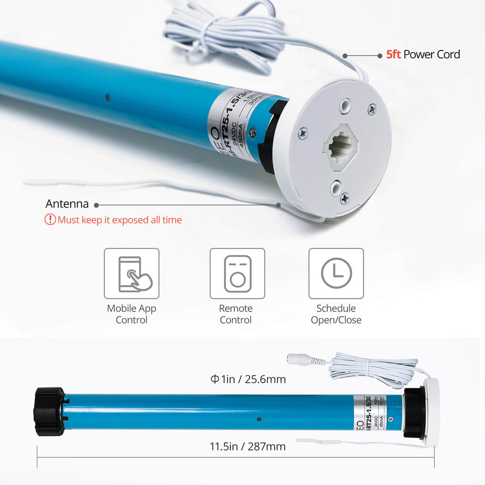 DIY 25mm Tubular Motor RT25 24V DC Plug-in for Blinds with 1.5in/38mm Tube, Remote Control or App Control via Blue LINK